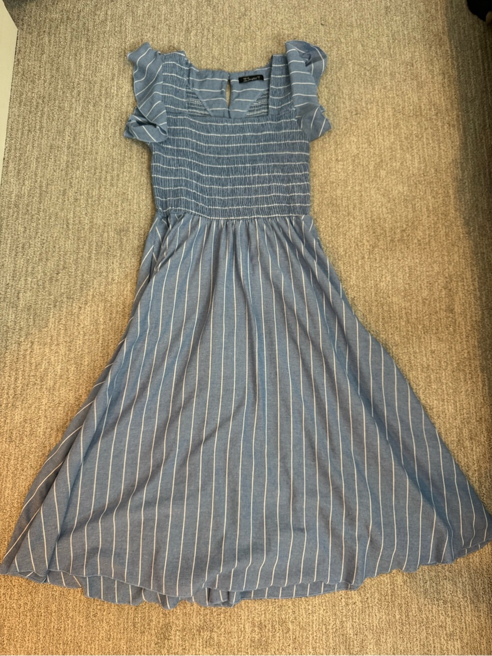 Blue Striped Midi Dress with Ruffle Sleeves
